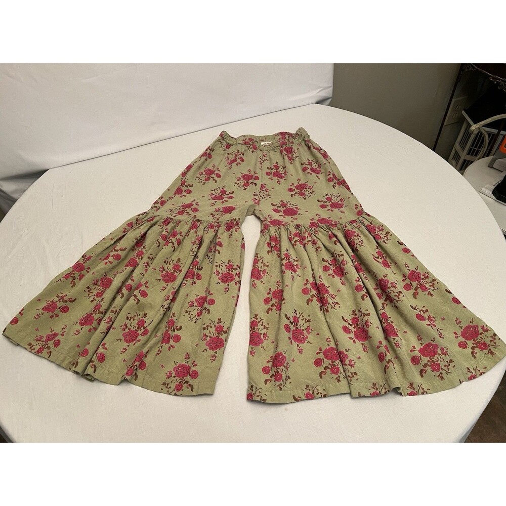 Utsa Girls Floral Wide-Leg Palazzo Pull-On Pants Elastic Waist Green/Pink 11/12Y